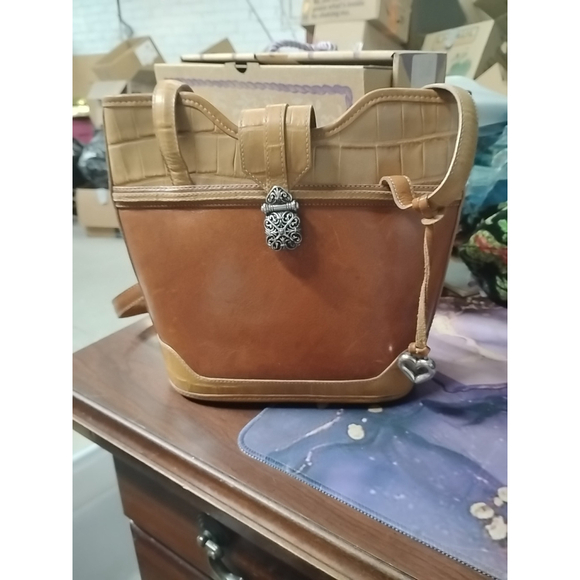 Brighton Handbags - BRIGHTON Tan Cream Brown Croc Leather Bucket Shoulder Handbag Satchel Purse Bag